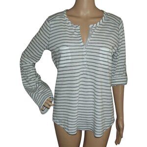 Lucky Brand Top Womens Size Medium white gray Striped henley shirt blouse v-neck